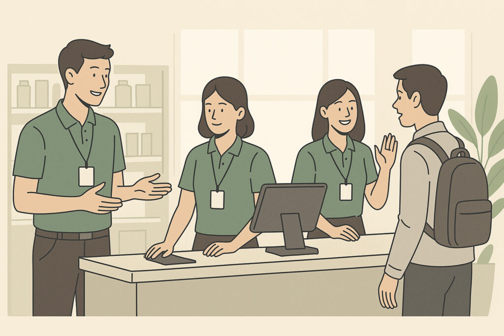 Illustration de trois lycéens en Bac Pro Commerce, Vente et Accueil travaillant dans un magasin ou un espace d’accueil lumineux et moderne.