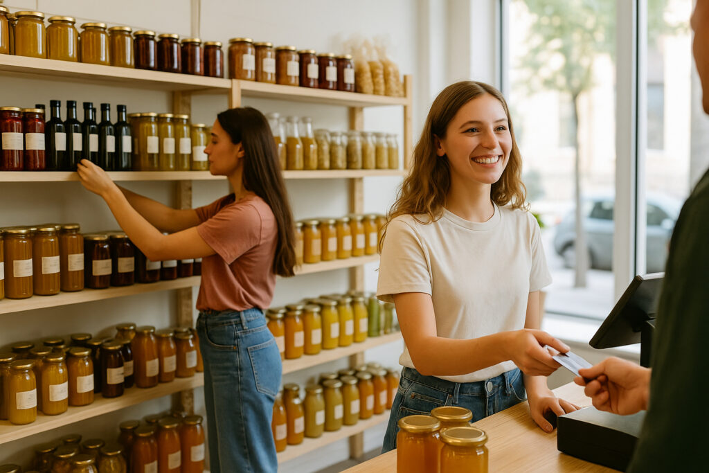 Élèves en CAP EPC dans un magasin pédagogique moderne, vendeuse encaissant un client, formation commerce
