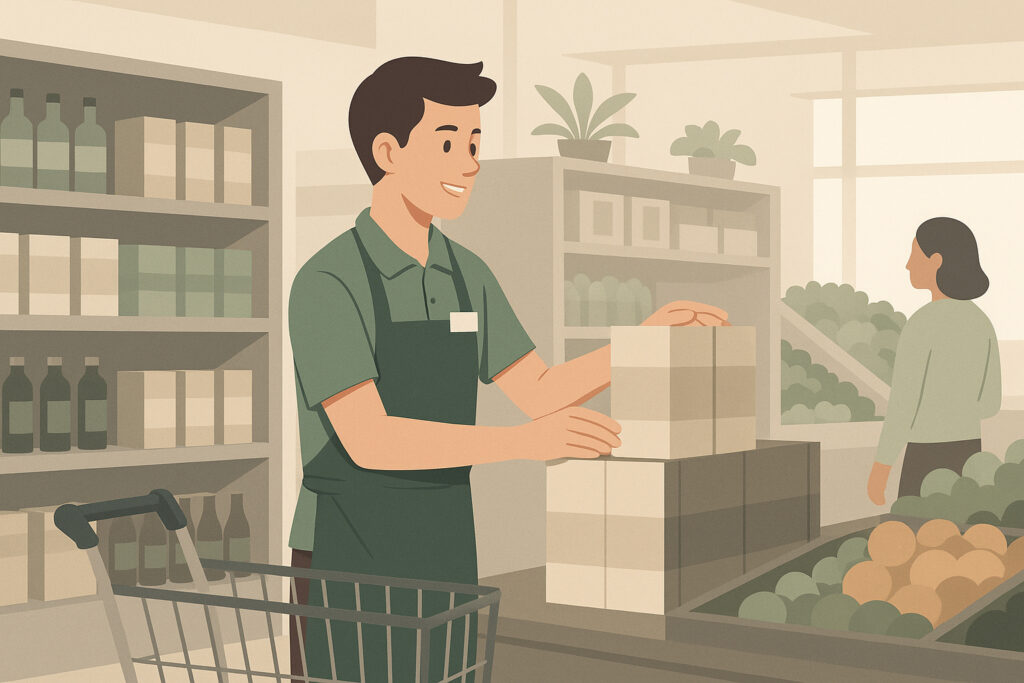 Illustration d’un jeune vendeur en formation CAP Équipier Polyvalent du Commerce, réapprovisionnant un rayon, dans un magasin clair et organisé.
