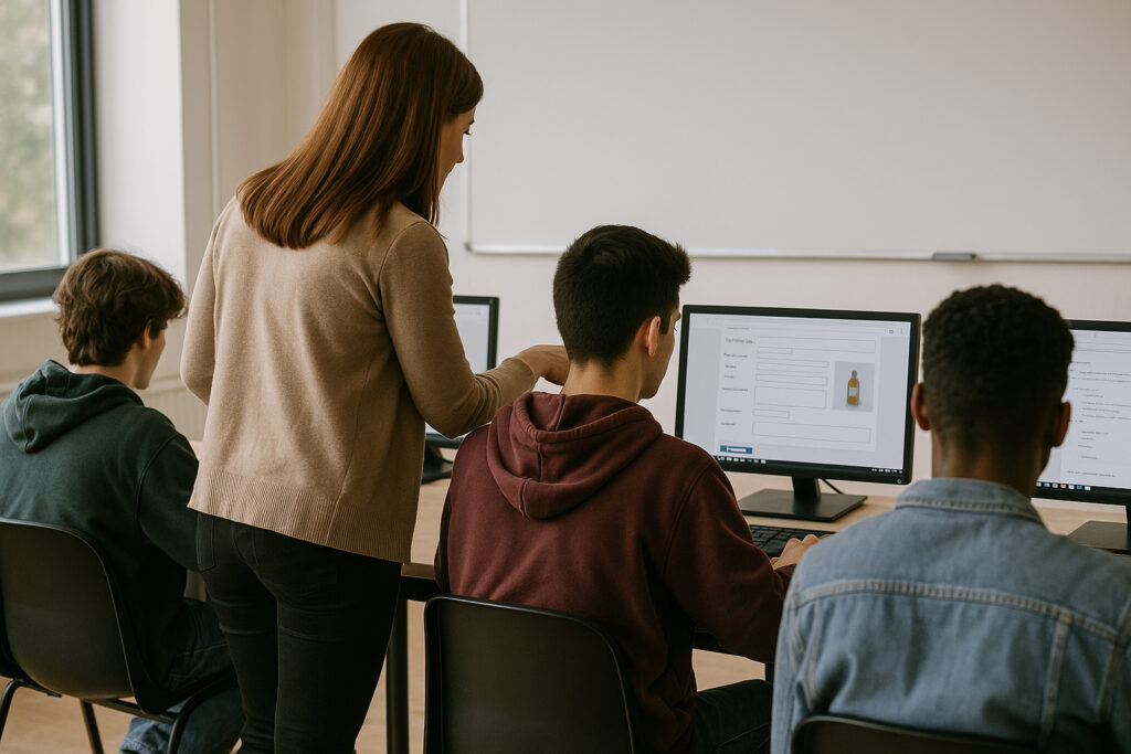 Élèves de 16 ans vus de dos travaillant sur ordinateur avec la professeure, en cours de conception de fiche produit pour la formation commerce et accueil.