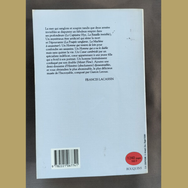 Dos du livre Aventures incroyables de Gaston Leroux avec résumé et citation de Francis Lacassin