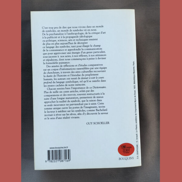 Dos du livre Dictionnaire des symboles avec résumé sur l’importance des symboles et citation de Guy Schoeller