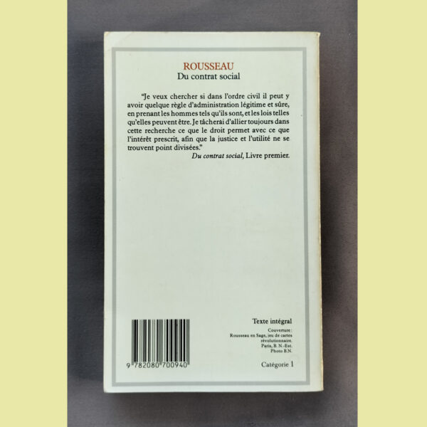 Dos du livre Du contrat social avec extrait du texte et code-barres