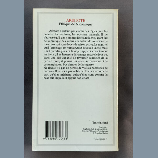 Dos du livre Éthique de Nicomaque avec présentation des thématiques philosophiques