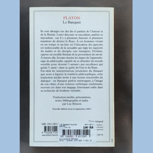 Dos du livre Le Banquet avec résumé et informations sur la traduction de Luc Brisson