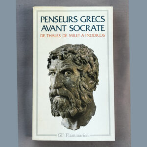 Première de couverture du livre « Penseurs Grecs avant Socrate » édition GF-Flammarion avec un buste sculpté de philosophe antique barbu.