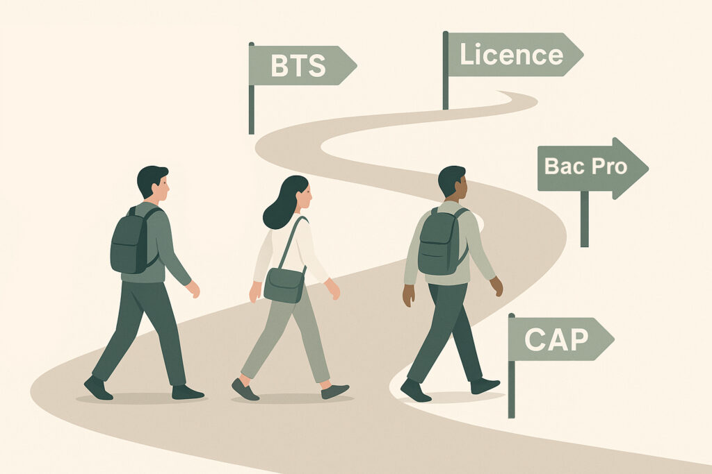 Illustration d’un parcours de formation en commerce avec panneaux CAP, Bac Pro, BTS et Licence et trois élèves en marche vers leur avenir professionnel.
