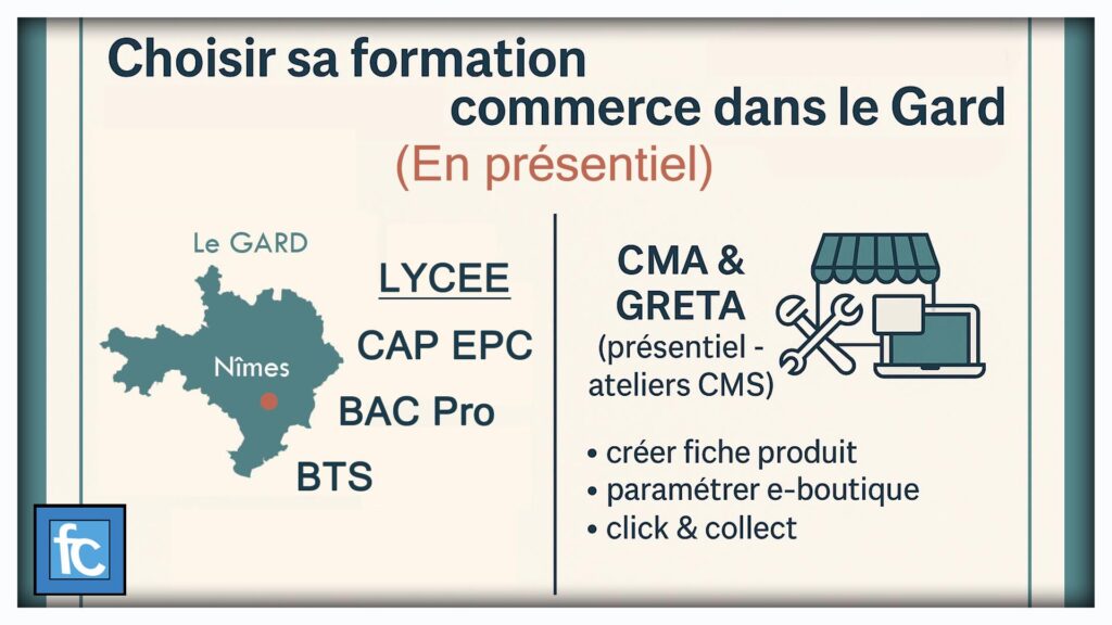 Infographie des formations commerce en présentiel dans le Gard (Nîmes) : CAP EPC, Bac Pro MCV, BTS (MCO, NDRC, CI) et pratique CMS via CMA et GRETA.
