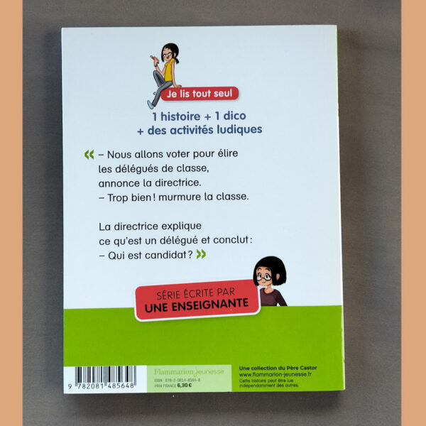 Quatrième de couverture du livre jeunesse "Je suis en CE2 – Les délégués de classe" avec résumé et informations pratiques.