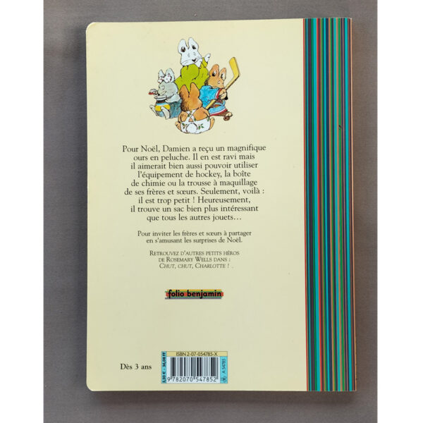 Quatrième de couverture du livre jeunesse "Le sac à disparaître" avec résumé et personnages animaliers au centre.