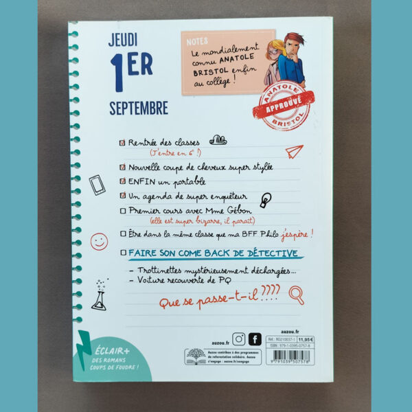 Quatrième de couverture du livre jeunesse "Les enquêtes d’Anatole au collège" avec résumé et illustrations façon carnet.