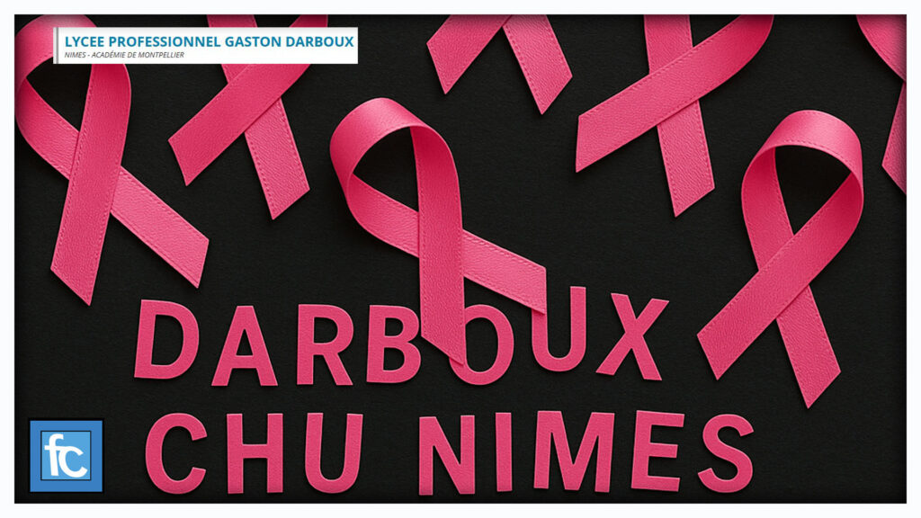 Rubans roses symbolisant la campagne Octobre Rose, avec l’inscription DARBOUX CHU Nîmes en lettres roses décalées sur fond noir. Image créée pour le projet solidaire des élèves du lycée professionnel.