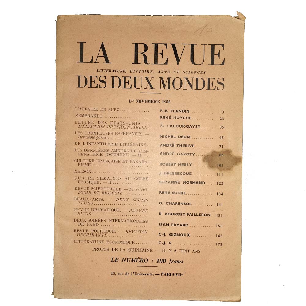 Première de couverture de La Revue des Deux Mondes du 1er novembre 1956 avec sommaire sur l’affaire de Suez et Rembrandt