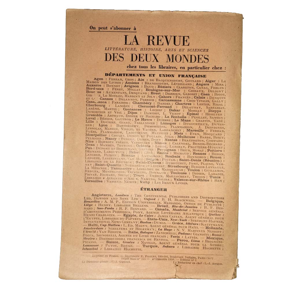 Quatrième de couverture de La Revue des Deux Mondes du 1er novembre 1956 avec liste de libraires en France et à l’étranger